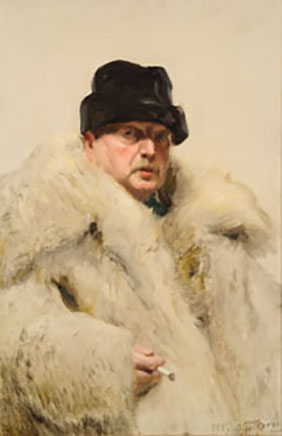 Painted portrait of Anders Zorn dressed in hat and fur coat smoking a cigarette